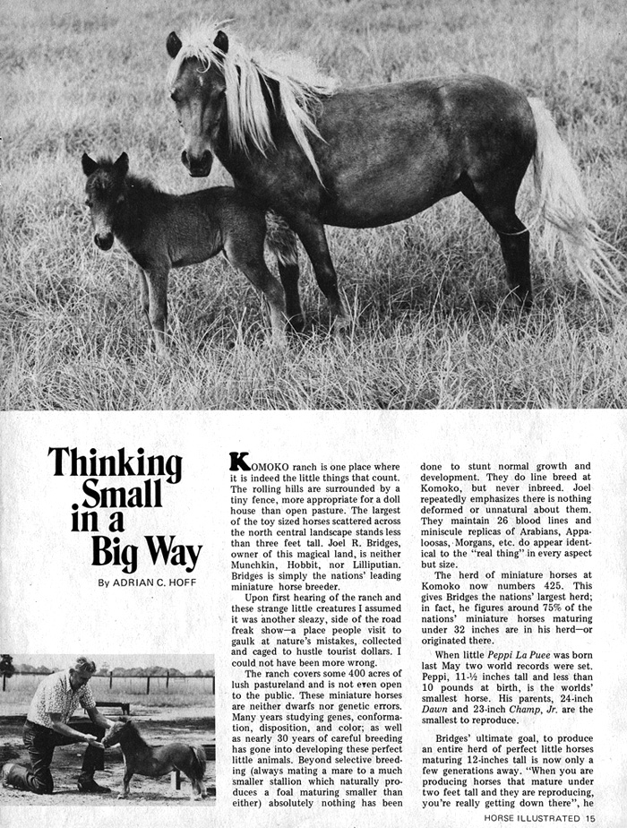 Horse Illustrated magazine, March-April	1980: Thinking Big in a Small Way. Text and photos by Adrian Hoff.