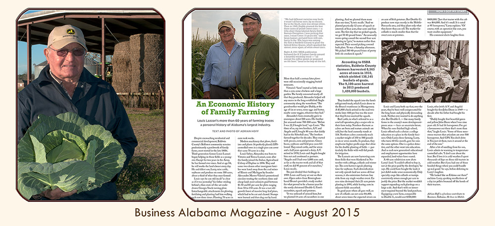 Thumbnail image linked to Alabama writer and photographer Adrian Hoff's feature article, "An Economic History of Family Farming," published in Business Alabama magazine, August 2015. 