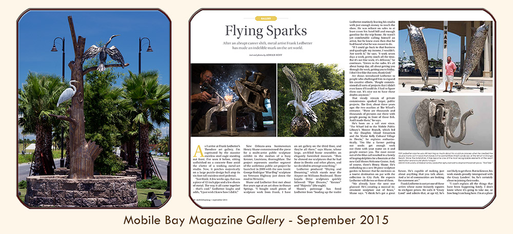 Thumbnail image linked to Mobile Alabama writer and photographer Adrian Hoff's profile of metal sculptor Frank Ledbetter, "Flying Sparks," Published in PMT Publishing's Mobile Bay magazine (Gallery Department), September 2015. 