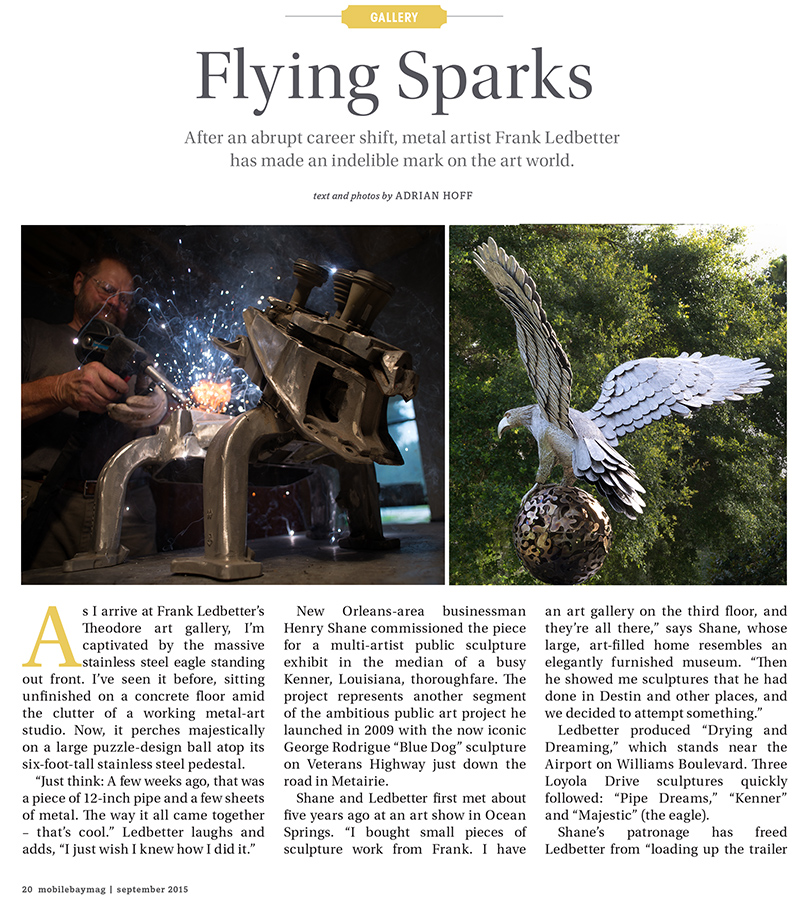 Alabama arts writer and photographer Adrian Hoff, September 2015 Gallery, Mobile Bay Magazine: Frank Ledbetter / Flying Sparks, page 1Flying Sparks: 