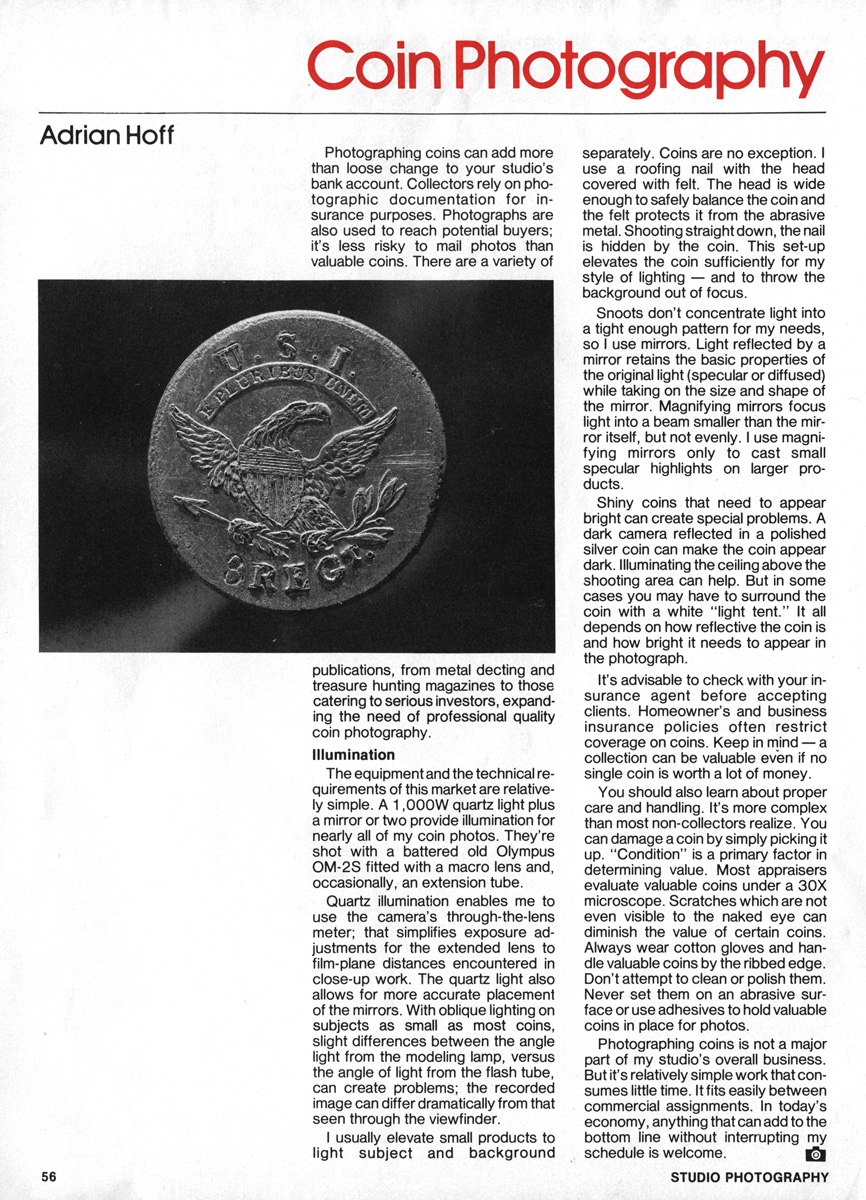 Studio Photography Magazine, May 1988: Coin Photography.