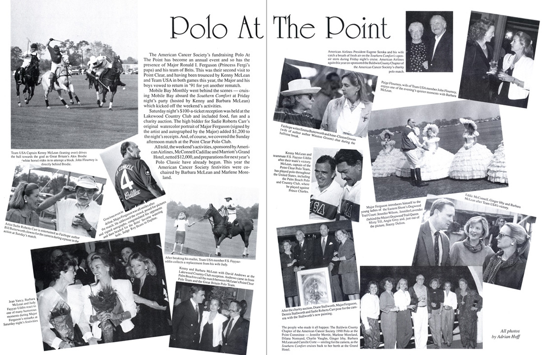 Mobile Bay Monthly. December	1990. Polo at the Point. Text and photos by Adrian Hoff.